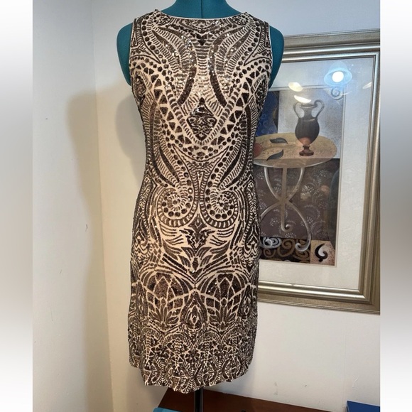 Vince Camuto Bronze Sequin Lined Stretch Sleeveless Sheath Dress Size 2 - Picture 6 of 9